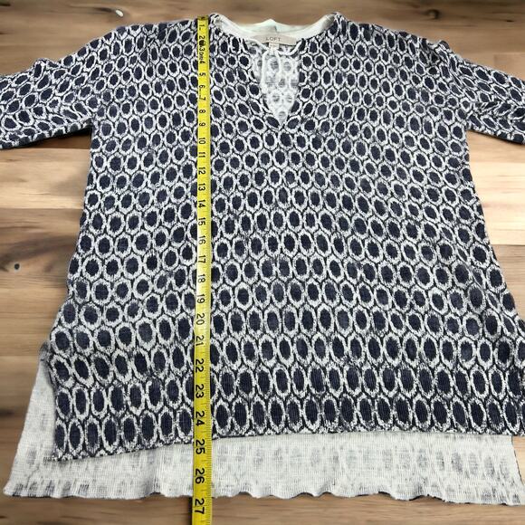 Loft Top Women Medium Tie Neck Cotton Knit Blouse Side Slits Blue White Tunic - Picture 10 of 11